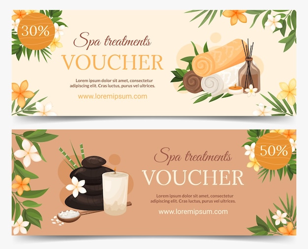 Spa treatments discount voucher set horizontal template Coupon certificate for a spa salon beauty salon beauty services Vector illustration design for promotion banner gift card