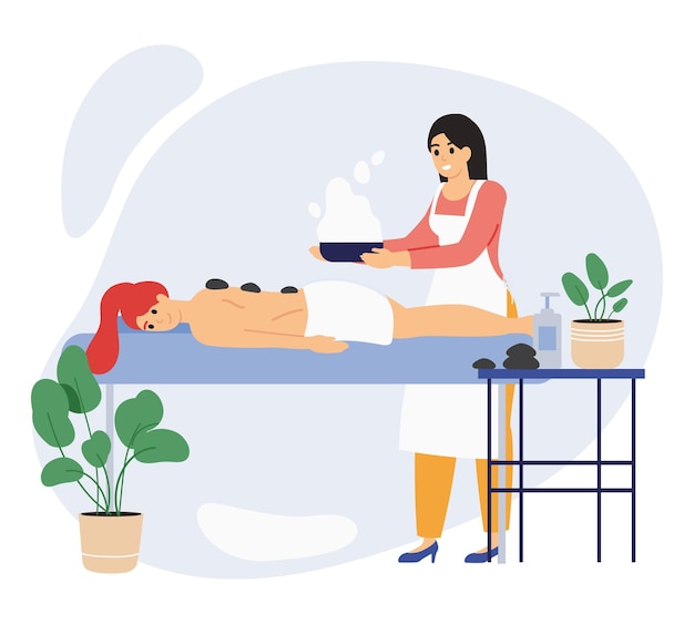 Spa wellness beauty center relaxing female client. Beauty salon procedures, relaxing wellness massage or body wraps vector illustration set. Beauty center concept