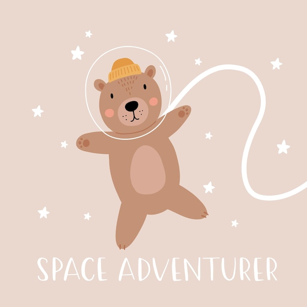 Space adventure brown bear Cartoon bear hand drawing lettering decor elements Pastel vector illustration for kids Scandinavian flat style baby design for cards posters tshirt print