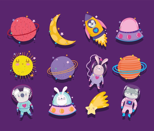 Space adventure galaxy cartoon in style icons such as rocket animals star moon and sun 