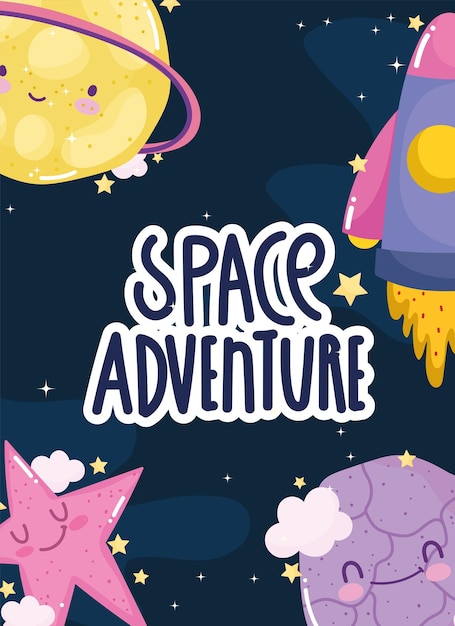 Space adventure launch spaceship explore planets star cute cartoon