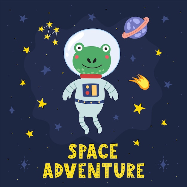 Space Adventure print with cute frog astronaut. Cosmic card in cartoon style with a funny character