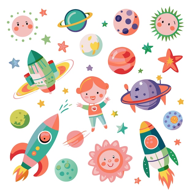 Space Adventure Rockets Planets Stars and a Little Astronaut