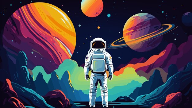 Vector space adventures landscape astronaut stand on planet in open universe and looking on planets in sky abstract cosmos vector background