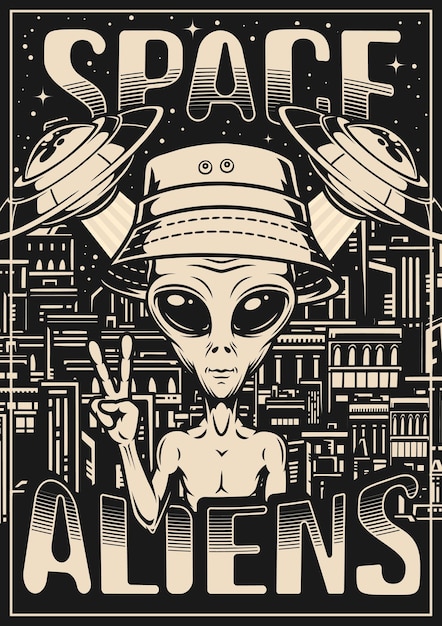 Space aliens monochrome vintage flyer