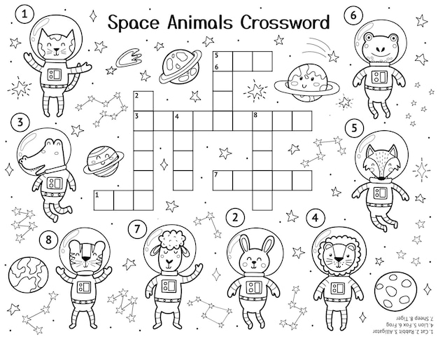 Space animals crossword puzzle with cute characters Black and white space activity page for kids