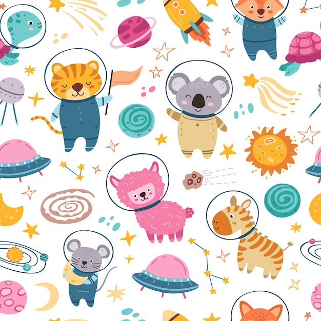 Space animals seamless pattern Child cosmos elements cute planets and animal astronauts Flying fox and turtle isolated kids neoteric vector texture