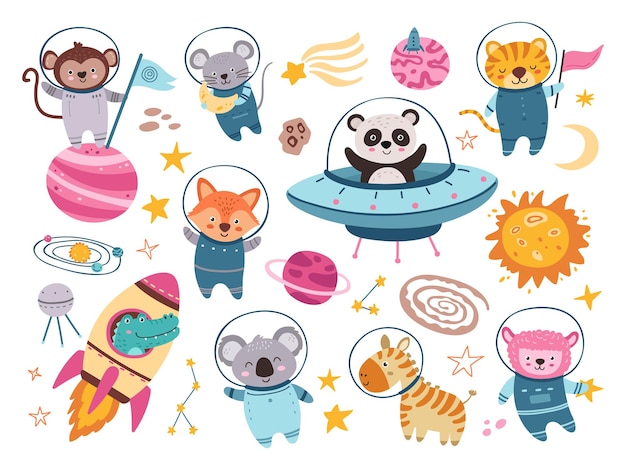 Space animals set Panda astronaut in spaceship cartoon animal Dog fox tiger in suit crocodile in rocket explorer universe Adventure neoteric vector set