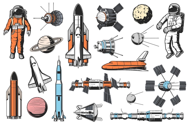 Space and astronomy icons  set. Astronaut in spacesuit, space shuttle carrier and orbiter, artificial satellites and spaceships, orbital space station and solar system planet retro illustrations