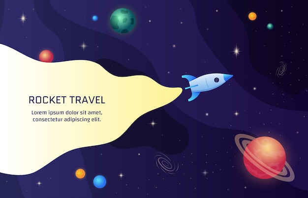 Vector space background galaxy with stars and planets rocket ship in universe future shapes sky science travel for child flight adventures banner template vector cartoon utter background