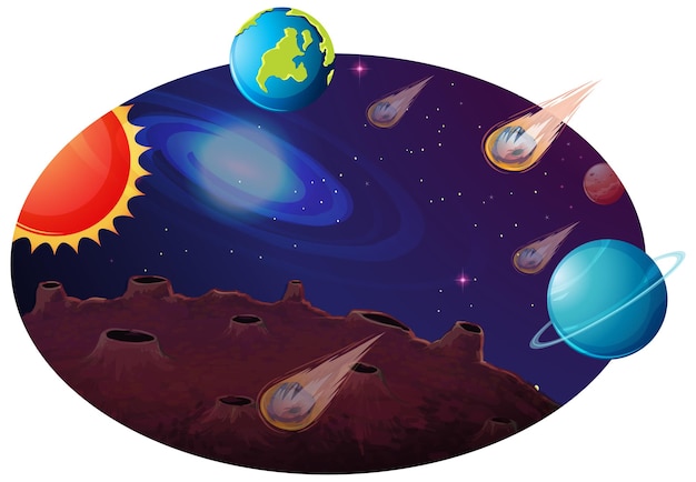 Space background with many planets and comets