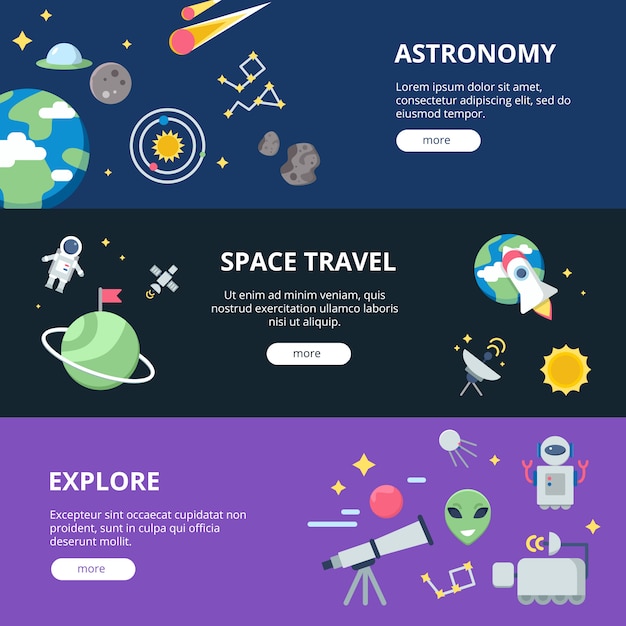 Space banner set, Moon and solar system with planets with satellites near earth and rocket or spaceship shuttle web banner set