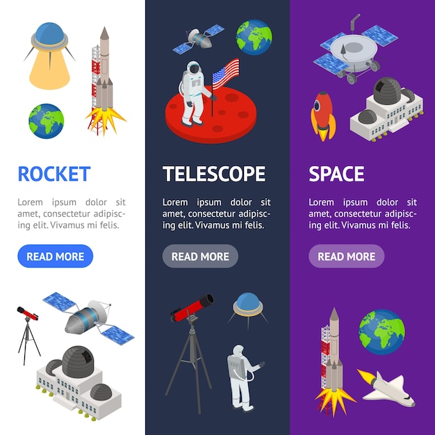 Space Banner Vecrtical Set Isometric View Include of Shuttle and Spaceman Vector illustration of Icon