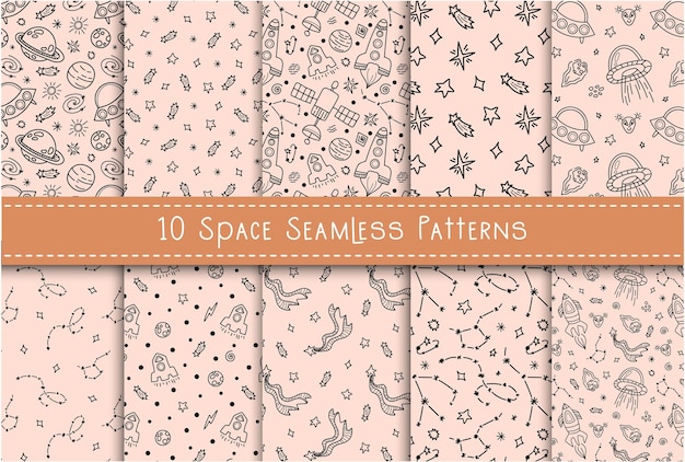 Space black white doodle seamless pattern set