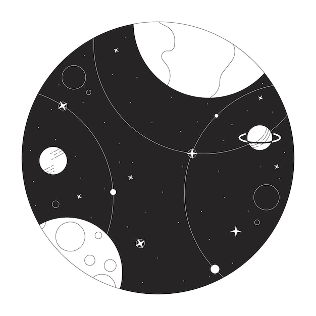 Space bw concept vector spot illustration Universe with planets and stars 2D cartoon flat line monochromatic object for web UI design Editable isolated outline hero image