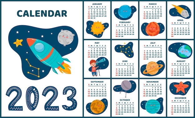 Space calendar planner 2023 Weekly scheduling planets space objects Week starts on Sunday White background