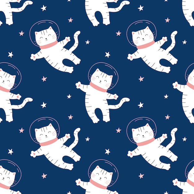 Space cat seamless pattern. A cute white cat flies in space.