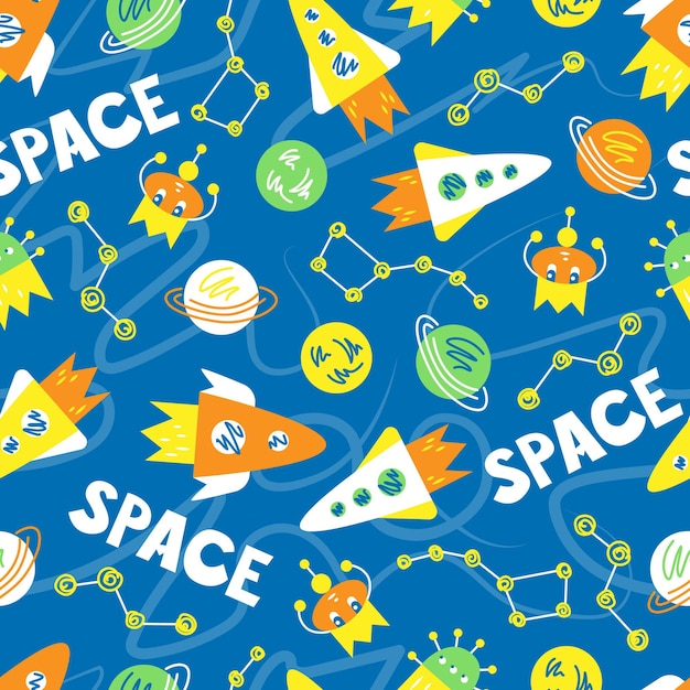 Space Childish seamless pattern with rockets constellations planets and aliens Cartoon for kids