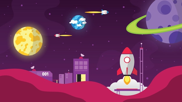 Space Colony On Planet With Spaceships Or Rockets in Flat Design EPS Free Vector