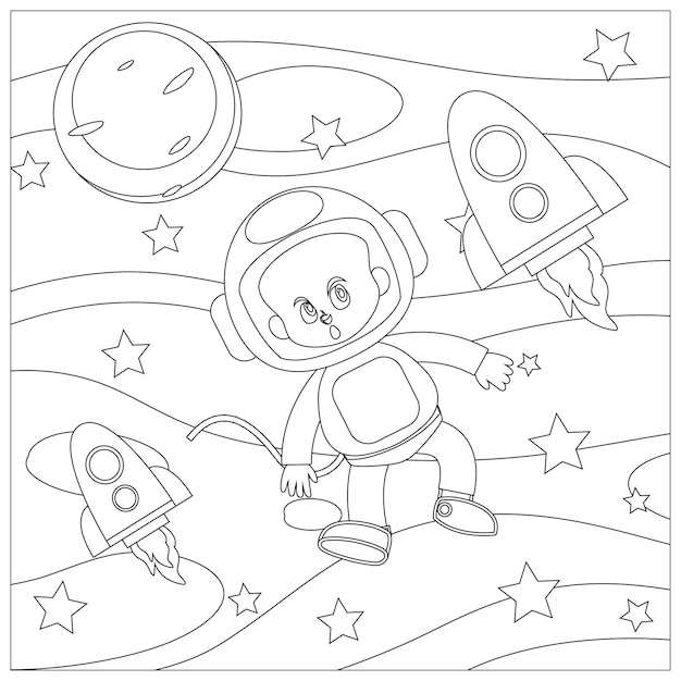 Space Coloring Page for Kids Printable Premium Vector