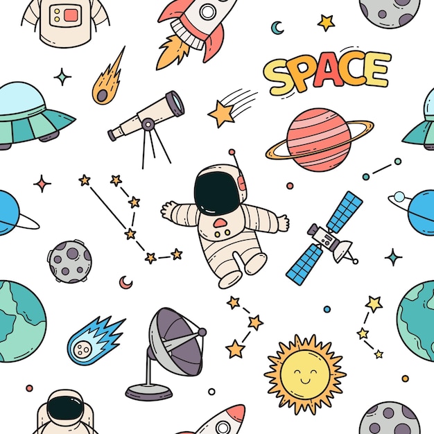 Space doodle seamless pattern wallpaper vector illustration