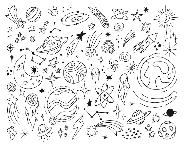 Space doodles cute stars planets sketch drawing spaceship ufo planet galaxy moon asteroid vector set