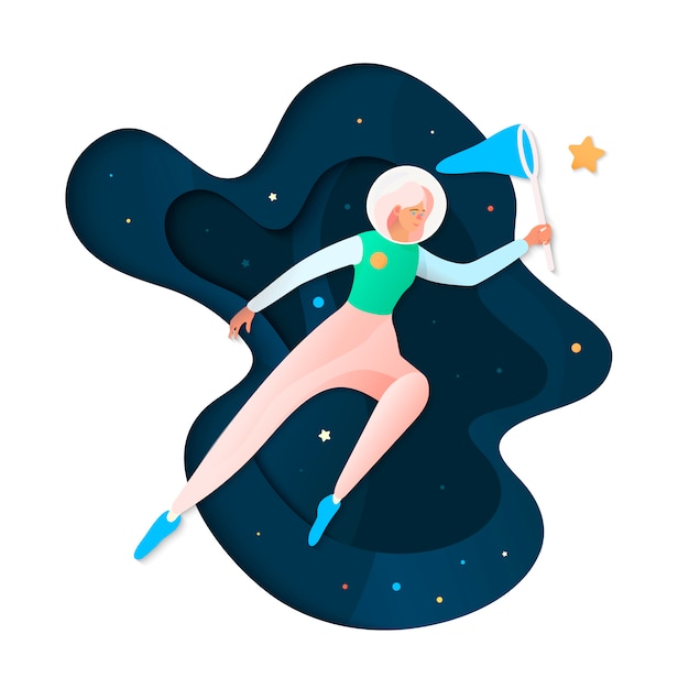 Space dreaming illustration. Futuristic illustration with young cosmonaut catch stars in space.