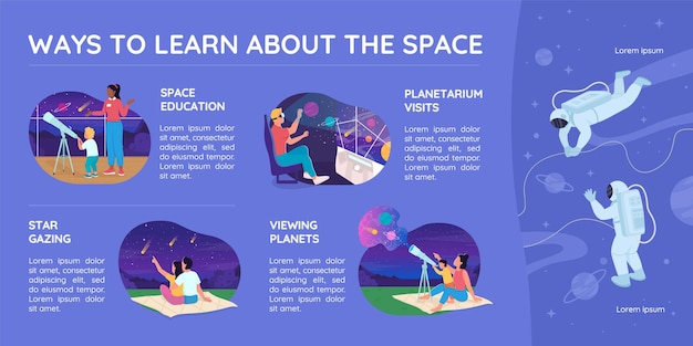 Space education flat color vector infographic template. Observatory tour. Poster with text, PPT page concept design with cartoon characters. Creative data visualization. Info banner idea