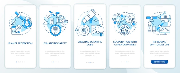 Space exploration benefits blue onboarding mobile app screen Advantages walkthrough 5 steps graphic instructions pages with linear concepts UI UX GUI template Myriad ProBold Regular fonts used