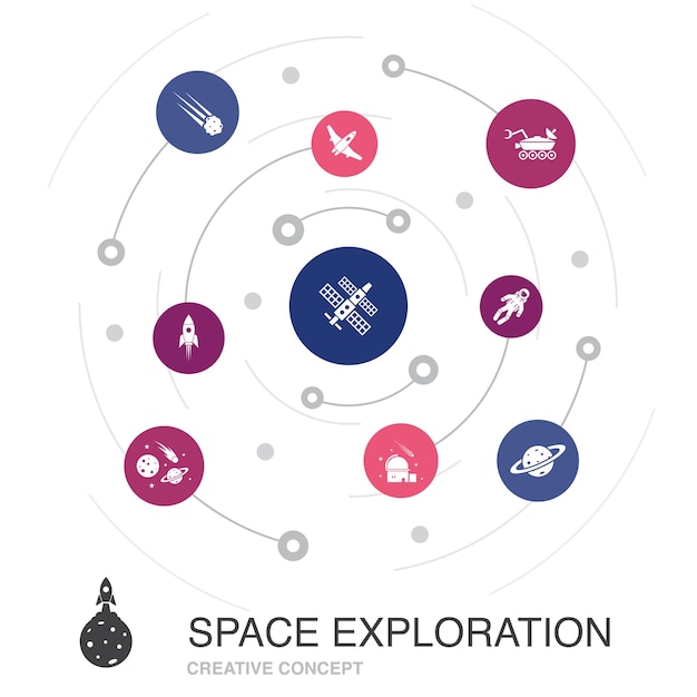 Vector space exploration colored circle concept with simple icons. contains such elements as rocket, spaceship, astronaut, planet