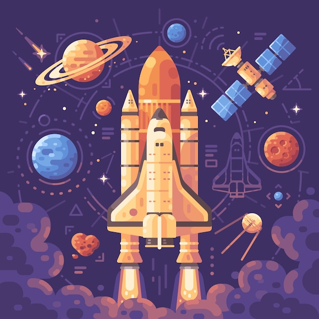 Space exploration concept. Space objects flat illustration. Shuttle launch background