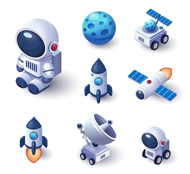 Vector space exploration icons featuring cute astronauts rockets satellites and space rovers