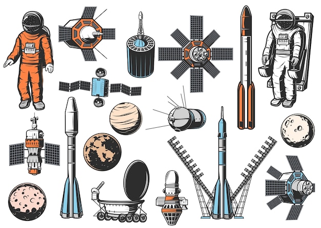 Vector space exploration icons set. astronaut in spacesuit on maneuvering unit, natural and artificial satellites, rocket booster, spaceships and solar system planets, exploration rover  s