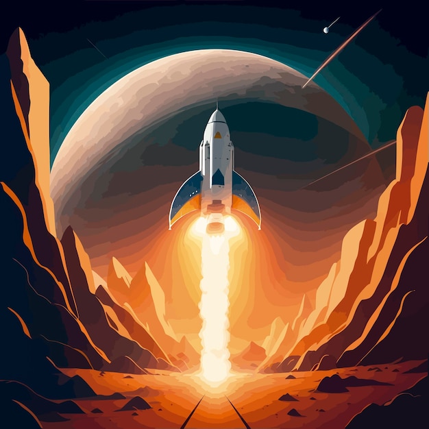 space exploration rocket taking off planet illustration