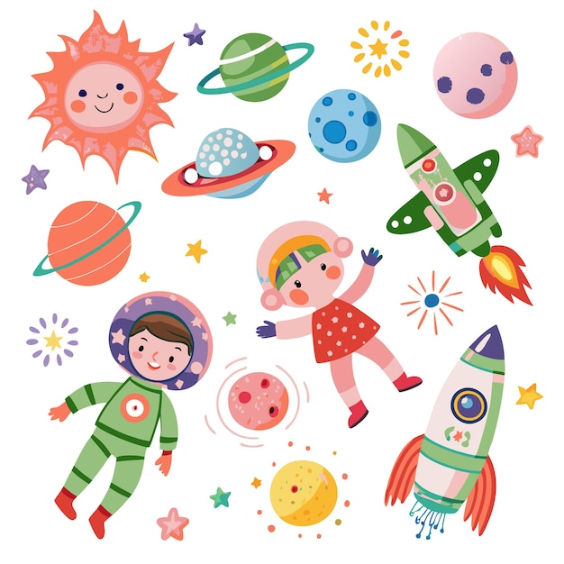 Space Explorers Kids Flying in Rockets with Planets and Stars