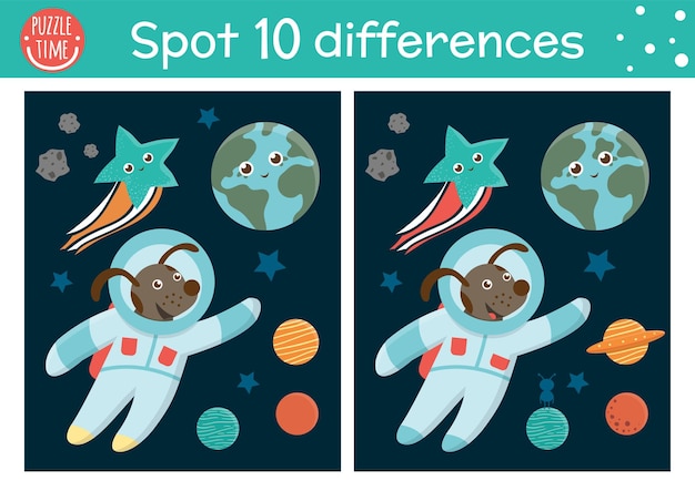 Space find differences game for children Astronomy educational activity with funny astronaut dog earth stars planets Printable worksheet with planets and stars Cute UFO puzzle for kidsxA