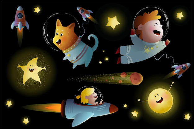 Space and Galaxy Kids Playing in Space Clipart