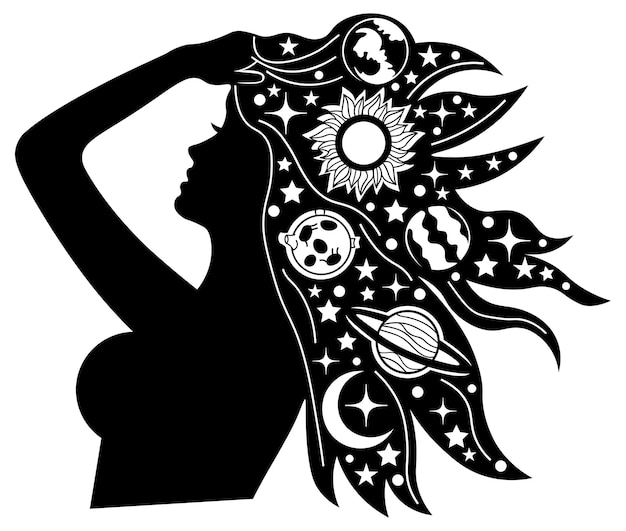 Space girl Woman with planets in hair silhouette art