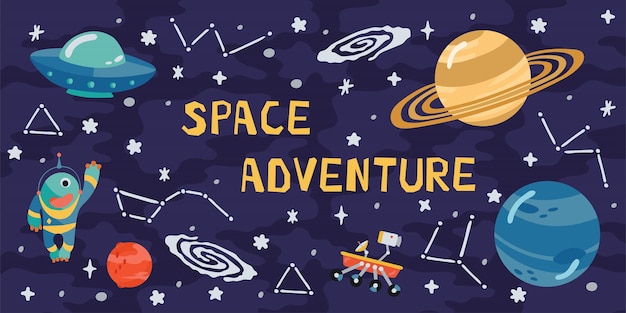 Space horizontal background with rocket planets cosmonaut and copy space for your text in cartoon style Concept banner with the solar system for your design Vector llustration