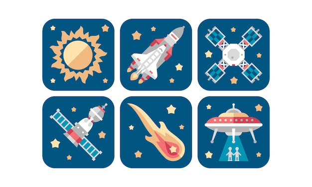 Space icons set sun meteorite rocket satellite ufo vector Illustration web design