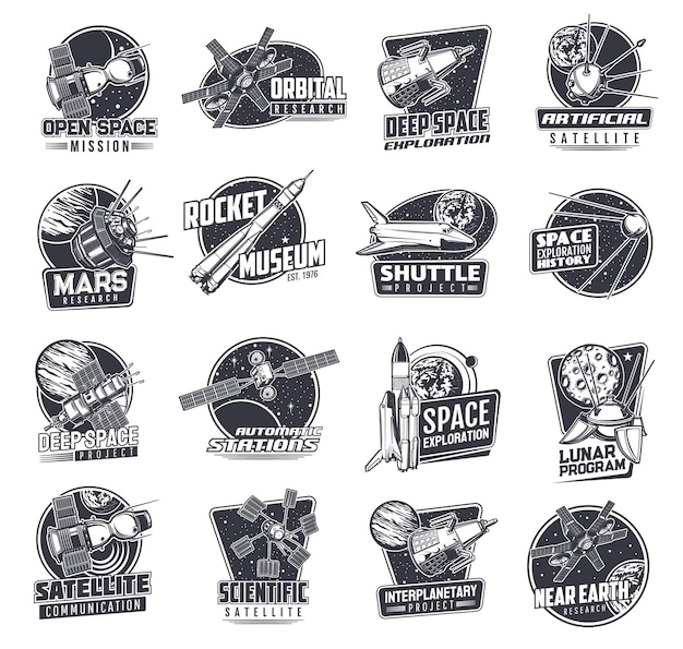 Space icons with spaceships or satellites