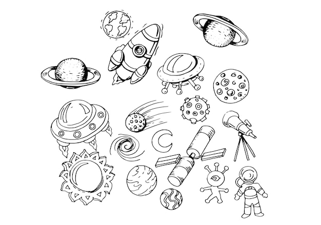 space illustration handdrawn cute images childrens bright colored rocket meteorite planet alien