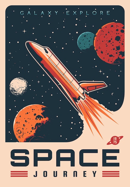 Space journey with shuttle spaceship retro banner