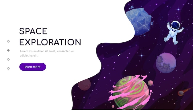 Vector space landing page cartoon astronaut in galaxy