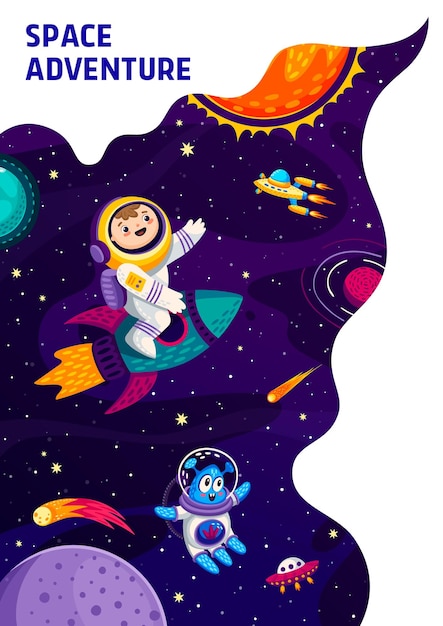 Space landing page with kid astronaut and alien