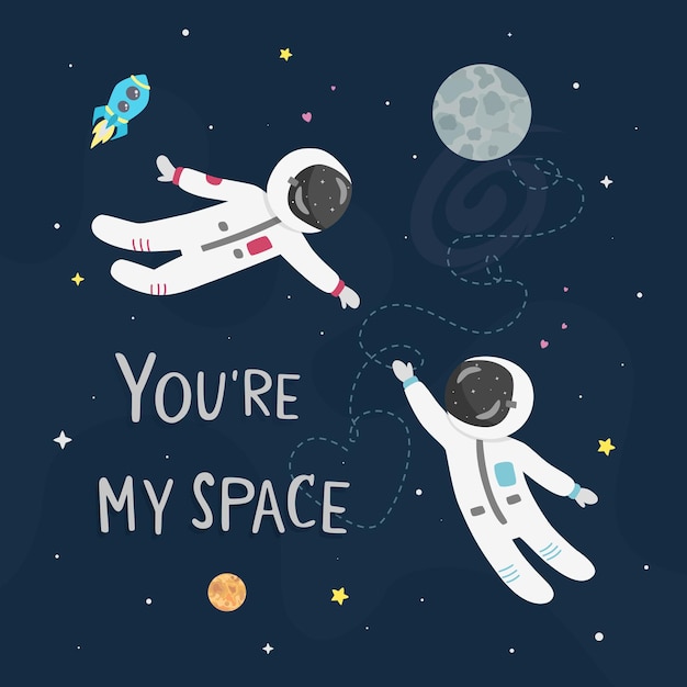 Space love illustration. Boy astronaut and girl astronaut fly to each other. You're my space card.