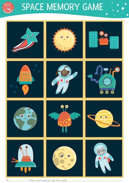 Space memory game cards with planets alien rocket Matching astronomy activity with astronaut star earth Remember and find correct card Simple printable worksheet for kids xA