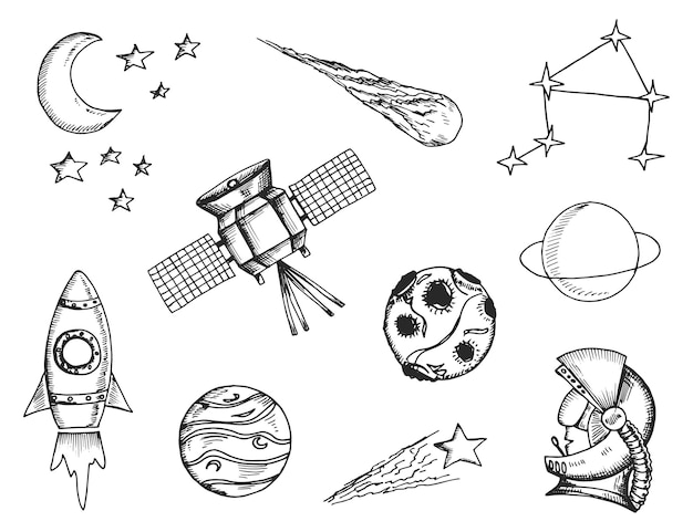 Space objects sketch set isolated