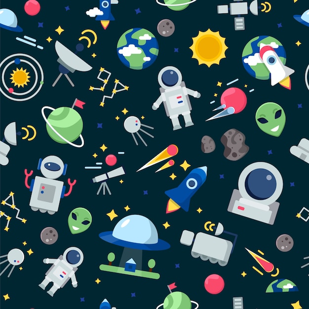 Space pattern. Shuttle rocket astronaut stars interstellar mars planets travel  seamless cartoon pictures