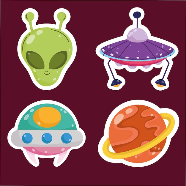 Vector space planet alien ufo spaceship adventure sticker cartoon icons set  illustration